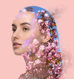 Image of Double exposure of beautiful woman and blooming flowers on pink background
