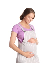 Photo of Happy pregnant woman touching her belly on white background