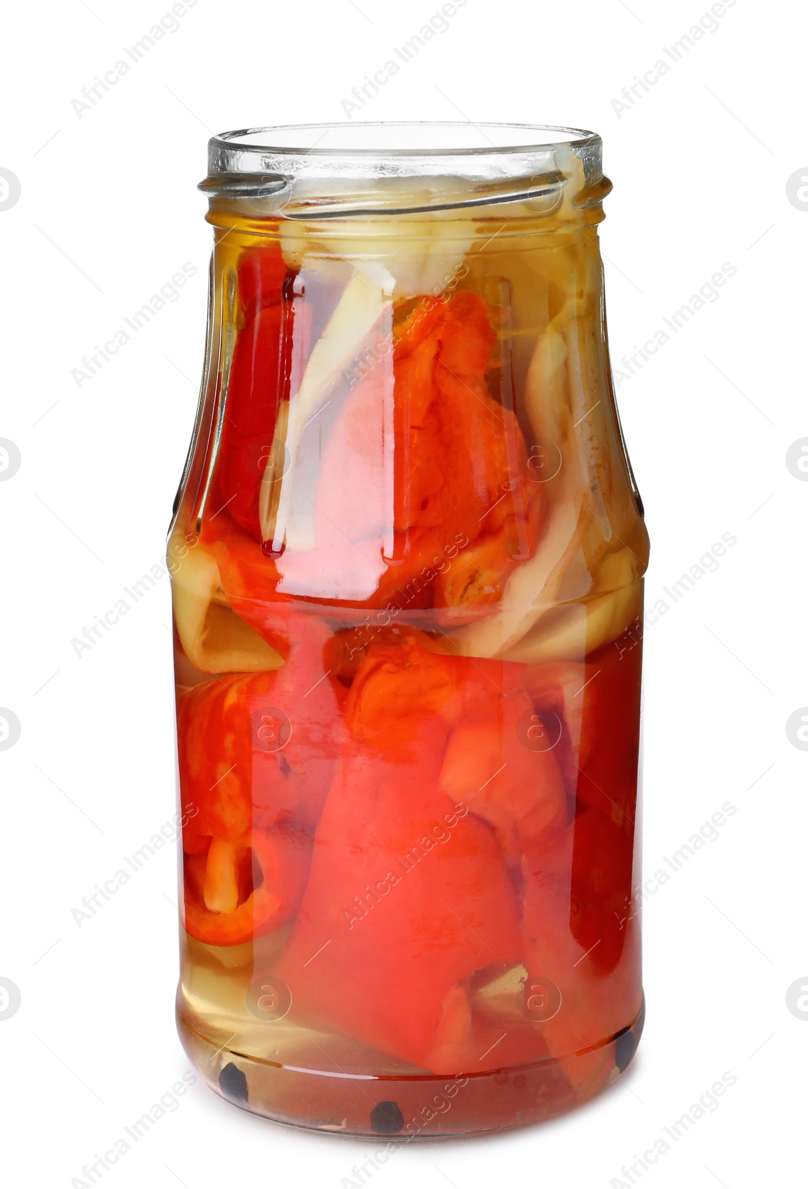 Photo of Glass jar with pickled bell peppers isolated on white