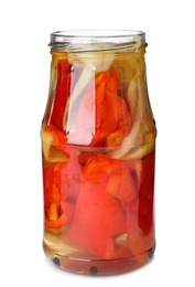 Photo of Glass jar with pickled bell peppers isolated on white