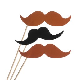 Photo of Fake paper mustaches on sticks against white background