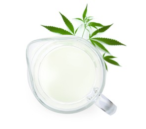 Photo of Pitcher of hemp milk and green leaves on white background, top view