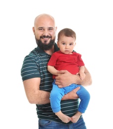 Portrait of dad and his little son on white background