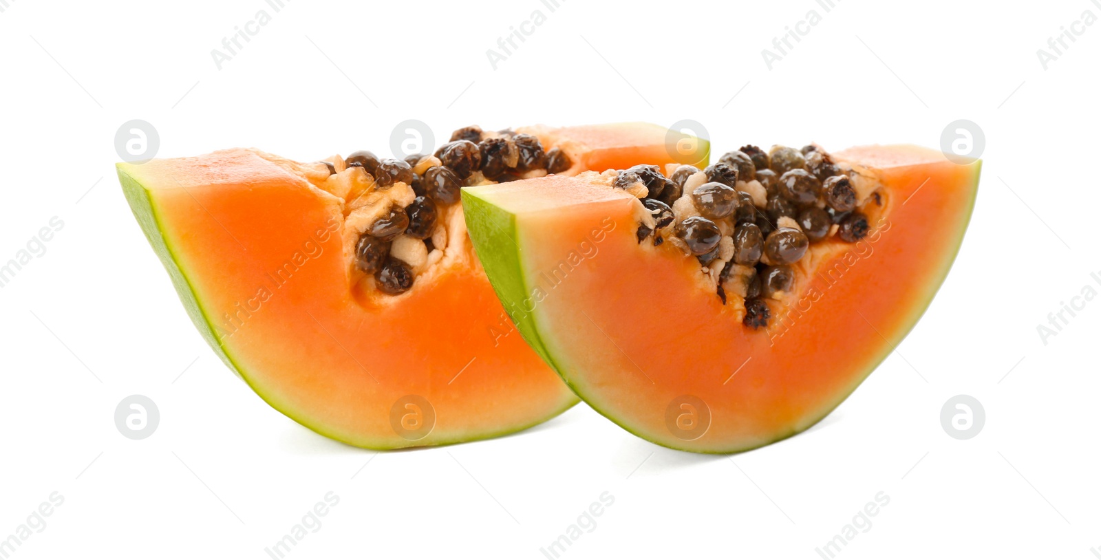 Photo of Fresh ripe papaya slices on white background