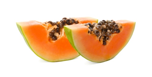 Photo of Fresh ripe papaya slices on white background
