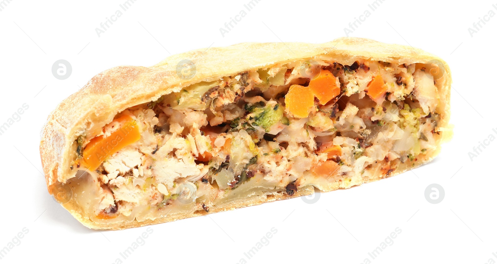 Photo of Piece of delicious strudel with chicken and vegetables isolated on white