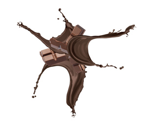 Yummy melted chocolate and falling pieces on white background