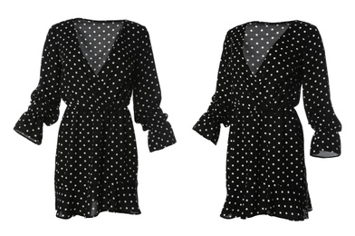Beautiful short black polka dot dresses from different views on white background