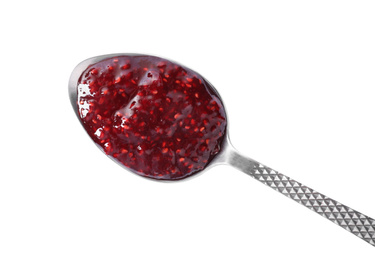 Delicious raspberry jam in spoon isolated on white, top view