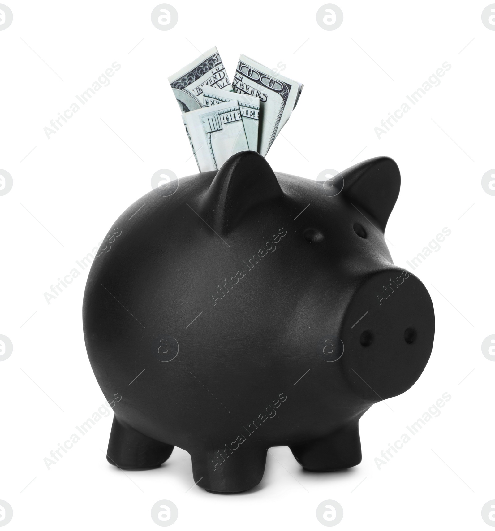 Photo of Piggy bank with money bills isolated on white