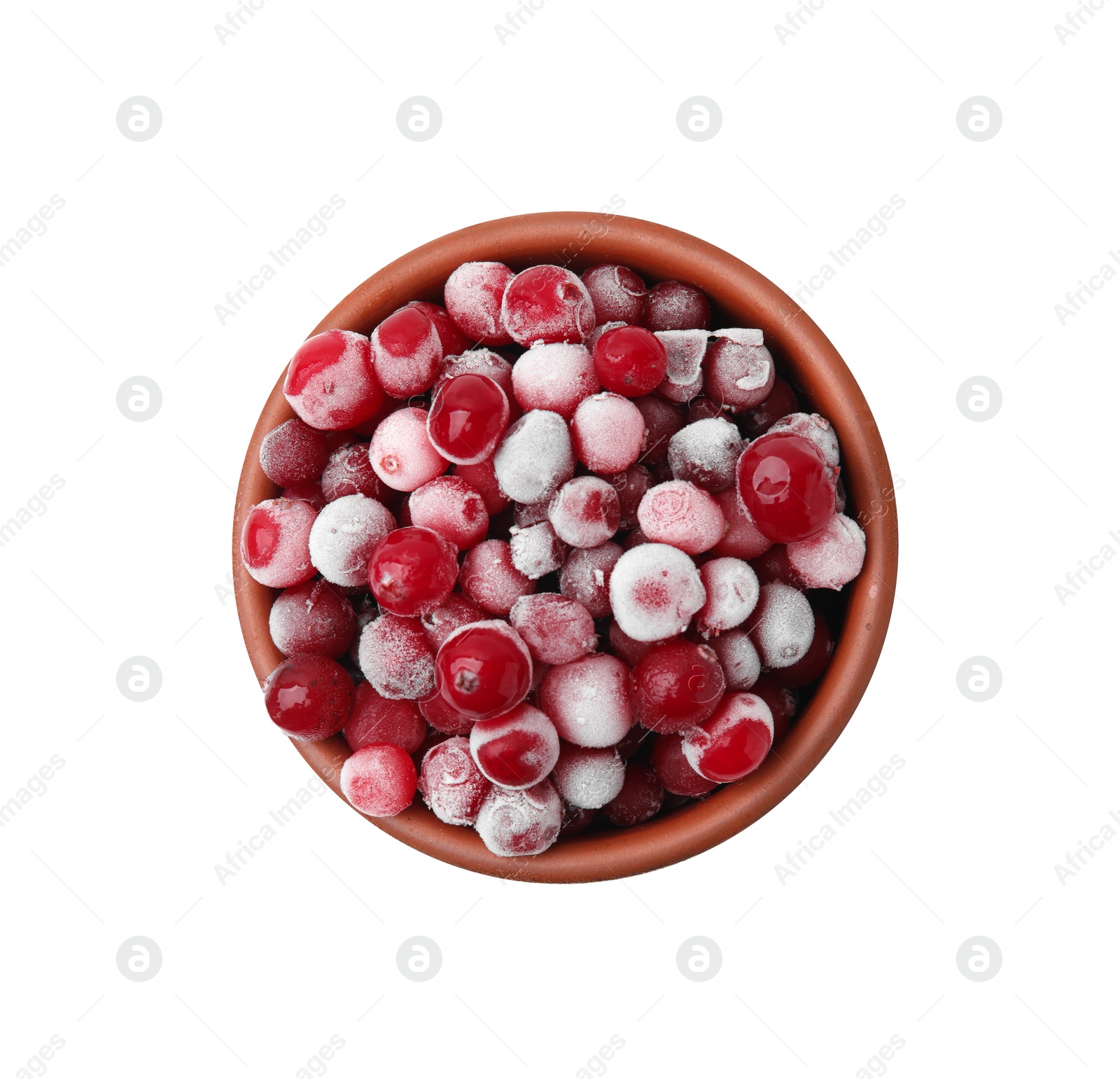 Photo of Frozen red cranberries in bowl isolated on white, top view