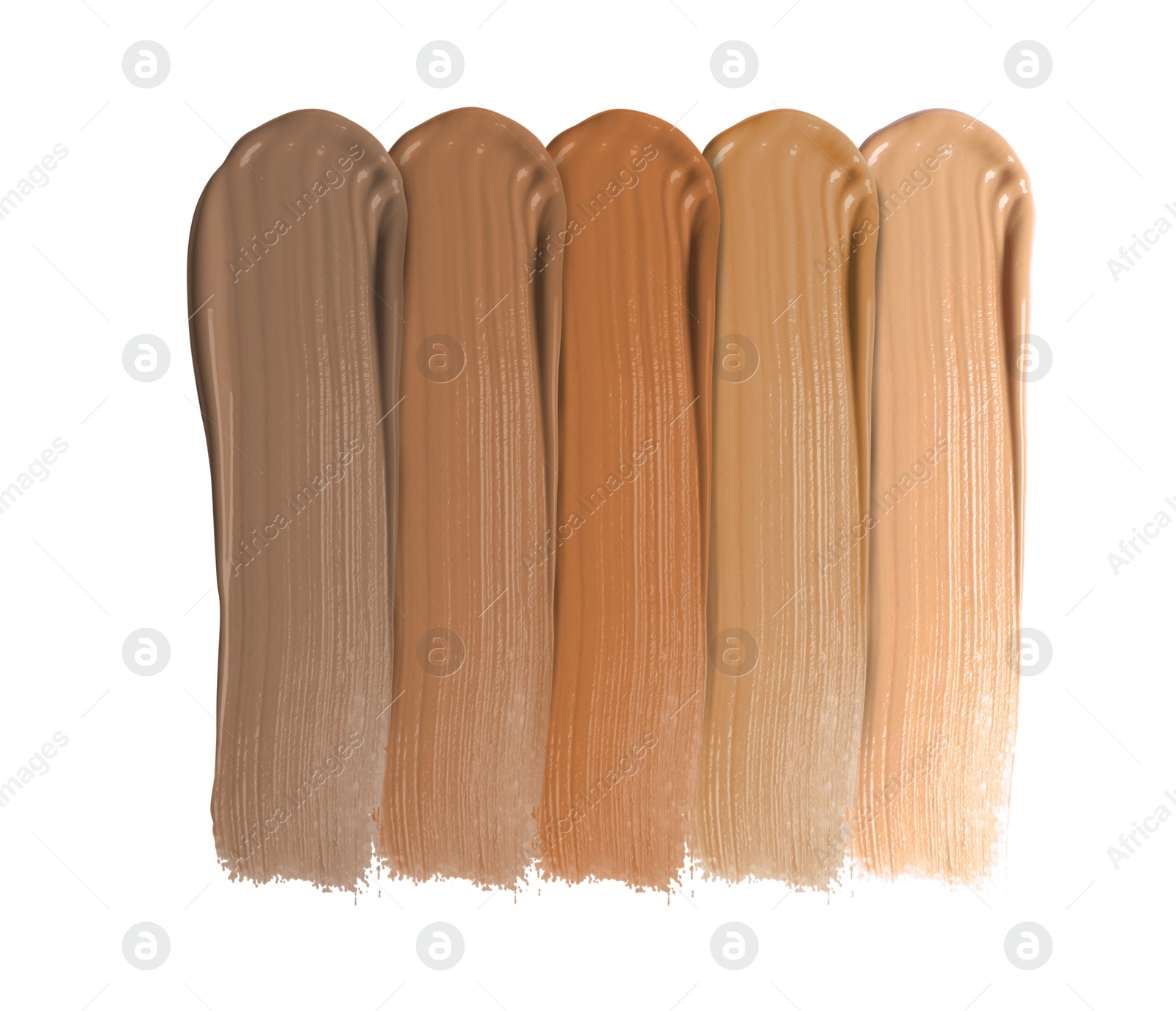 Image of Foundation of various shades for different skin tones isolated on white, top view. Set of samples