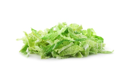 Pile of shredded savoy cabbage on white background