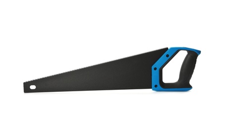 Photo of New hand saw on white background. Professional construction tool