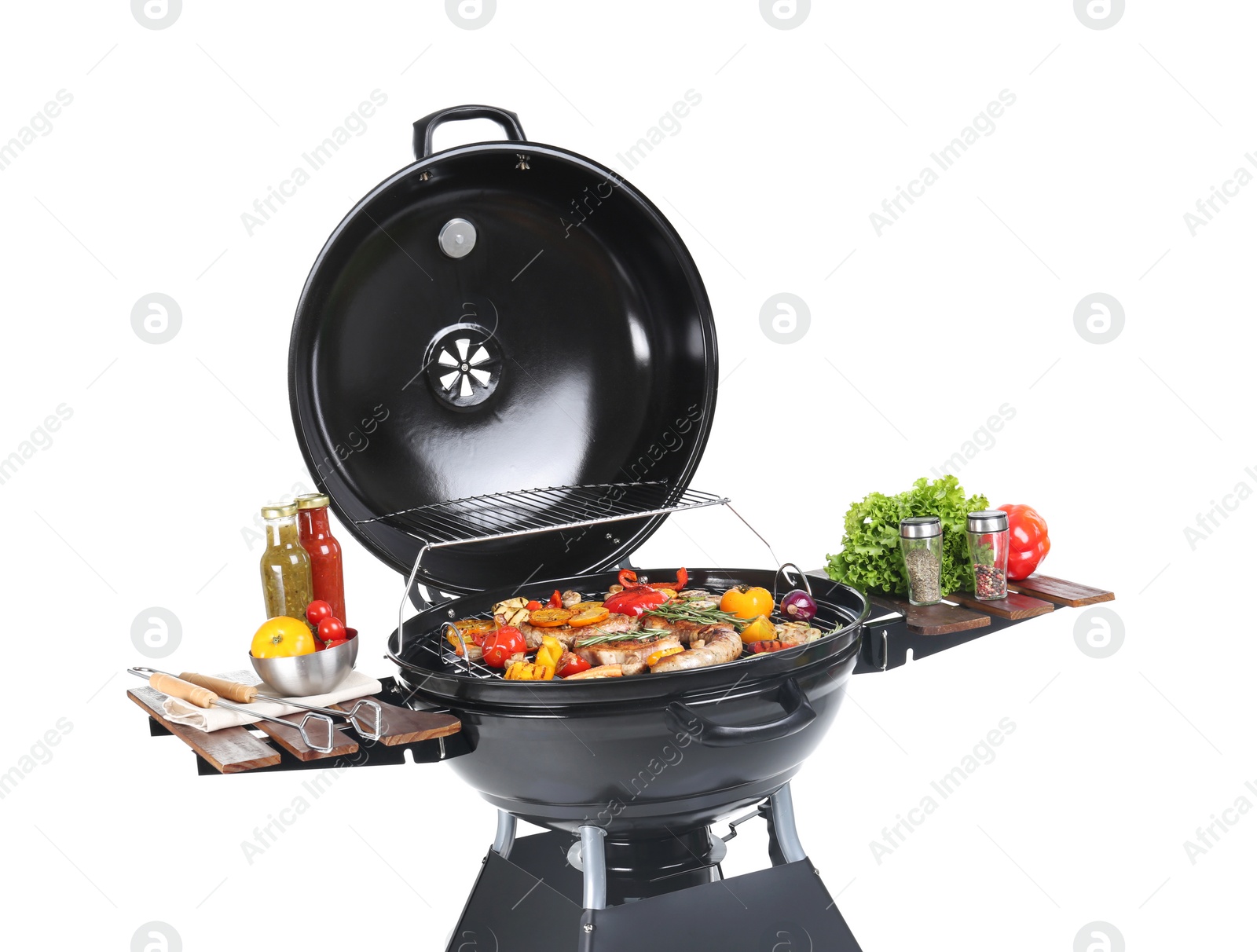 Photo of Modern barbecue grill with tasty food on white background