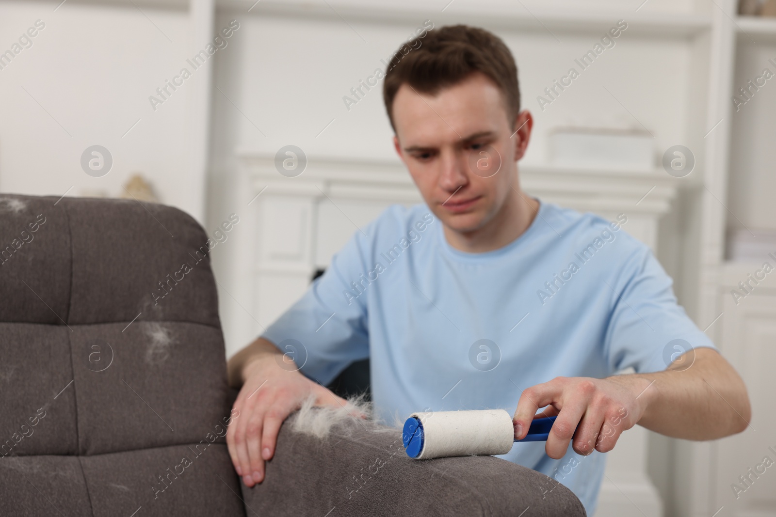 Photo of Pet shedding. Man with lint roller removing dog's hair from armchair at home, selective focus