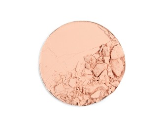 Photo of Broken face powder on white background, top view