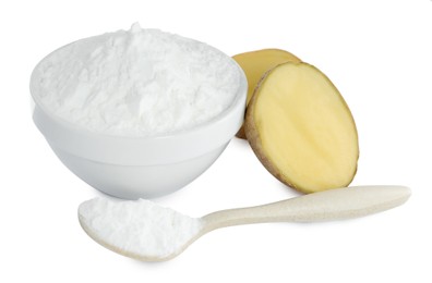 Bowl and spoon of starch with cut potato on white background