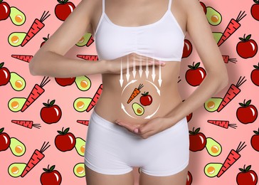 Healthy digestion. Woman holding arrows and illustration of different products near her belly on pink background, closeup