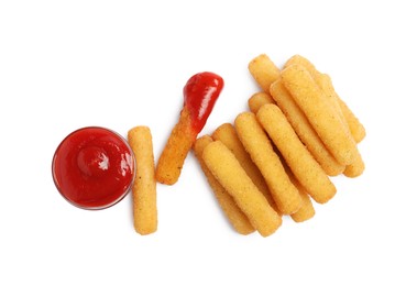 Delicious cheese sticks and ketchup on white background, top view