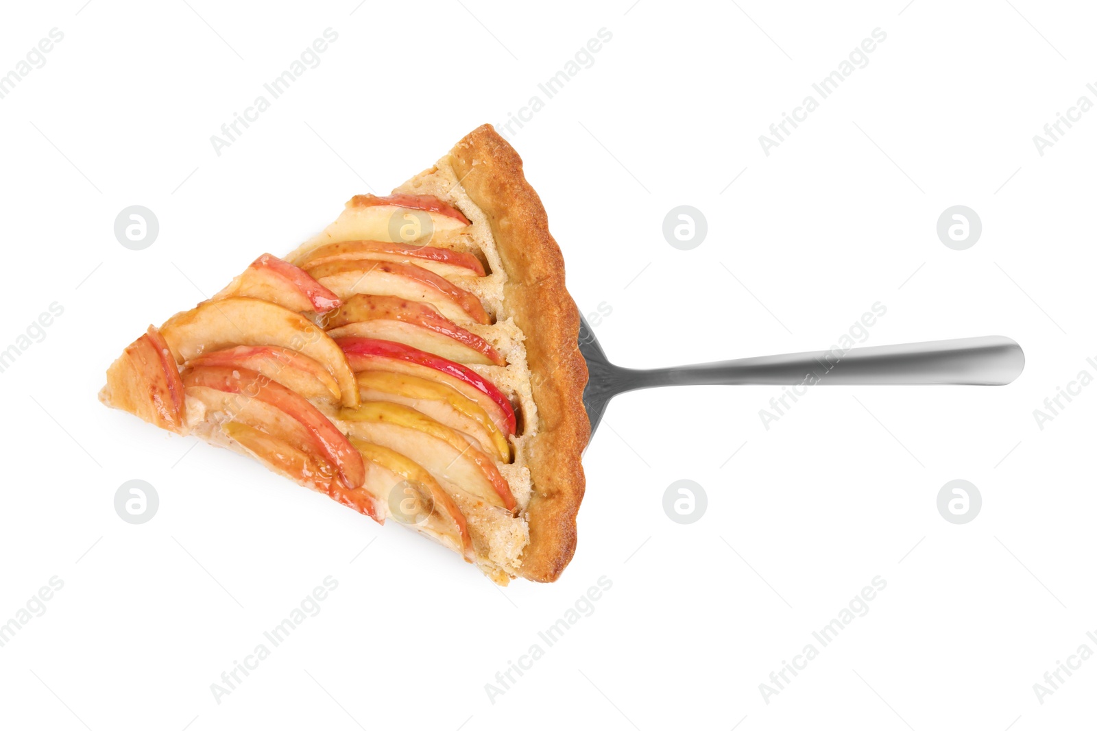 Photo of Spatula with delicious apple pie isolated on white, top view