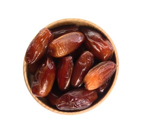 Photo of Tasty sweet dried dates in wooden bowl on white background, top view