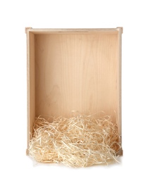 Photo of Wooden crate with shavings on white background, top view