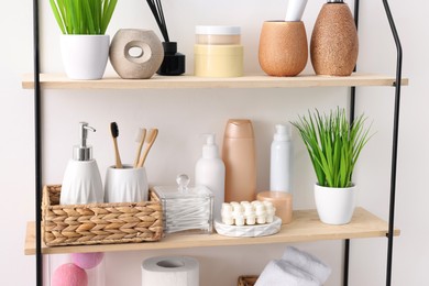 Photo of Different bath accessories, personal care products and artificial plants indoors