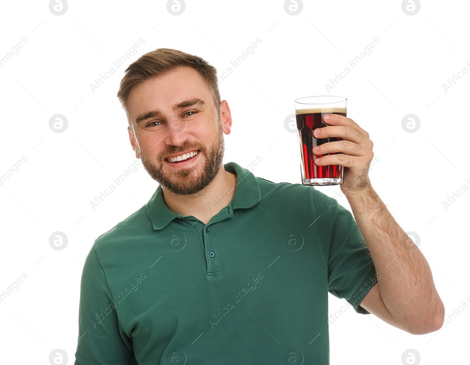 Photo of Handsome man with cold kvass on white background. Traditional Russian summer drink