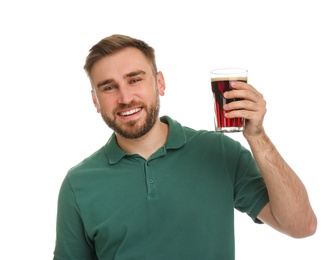 Handsome man with cold kvass on white background. Traditional Russian summer drink