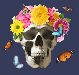 Image of White skull with flower wreath and beautiful butterflies on color background