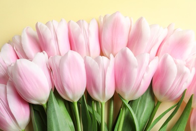 Beautiful composition with tulips for Mother's Day on color background