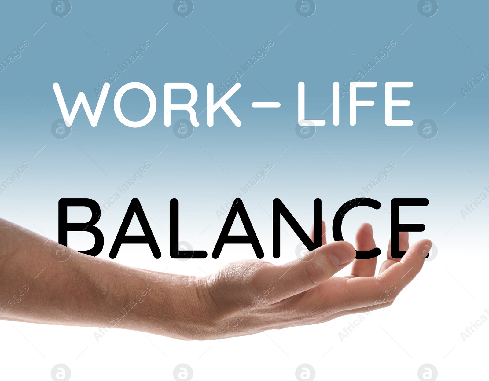 Image of Man demonstrating text Work-life balance on light background, closeup