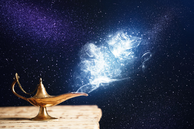 Image of Genie appearing from magic lamp of wishes. Fairy tale