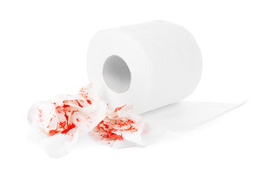 Photo of Sheets of toilet paper with blood  on white background. Hemorrhoid problems
