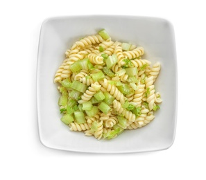 Photo of Tasty pasta salad with celery on white background