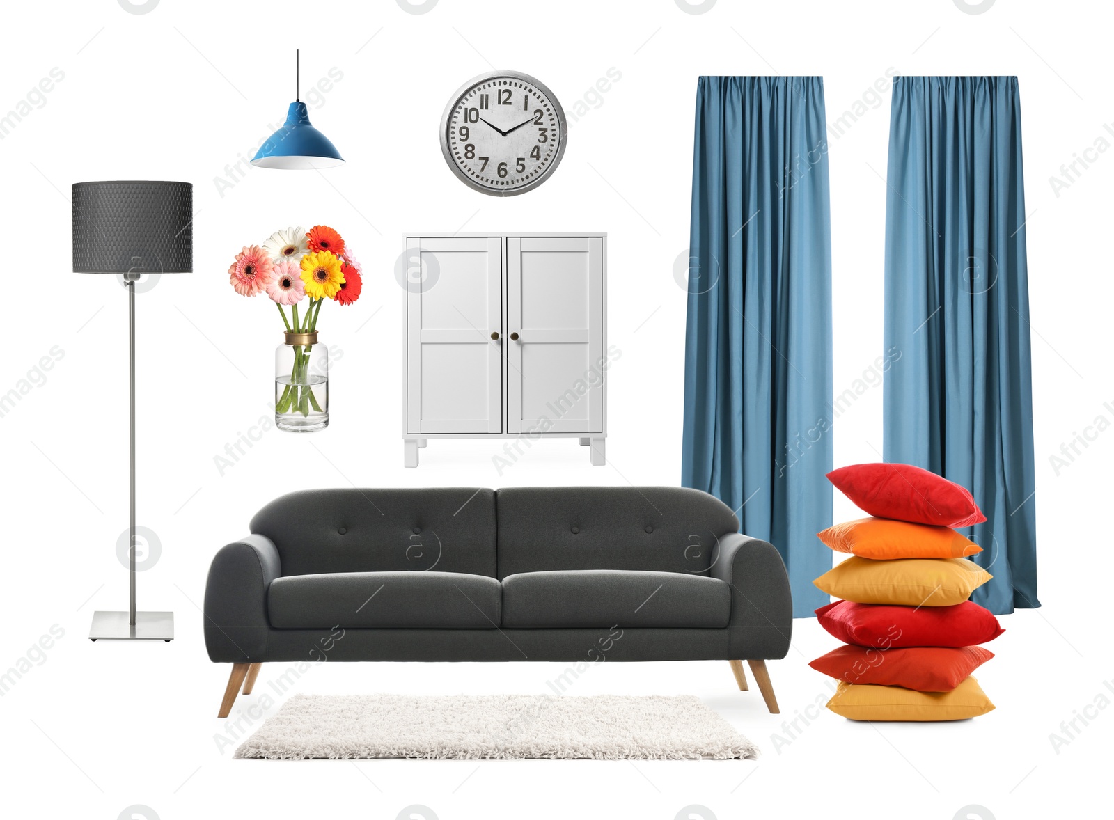 Image of Stylish interior design. Different decorative elements and furniture on white background. Mood board collage