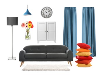 Image of Stylish interior design. Different decorative elements and furniture on white background. Mood board collage