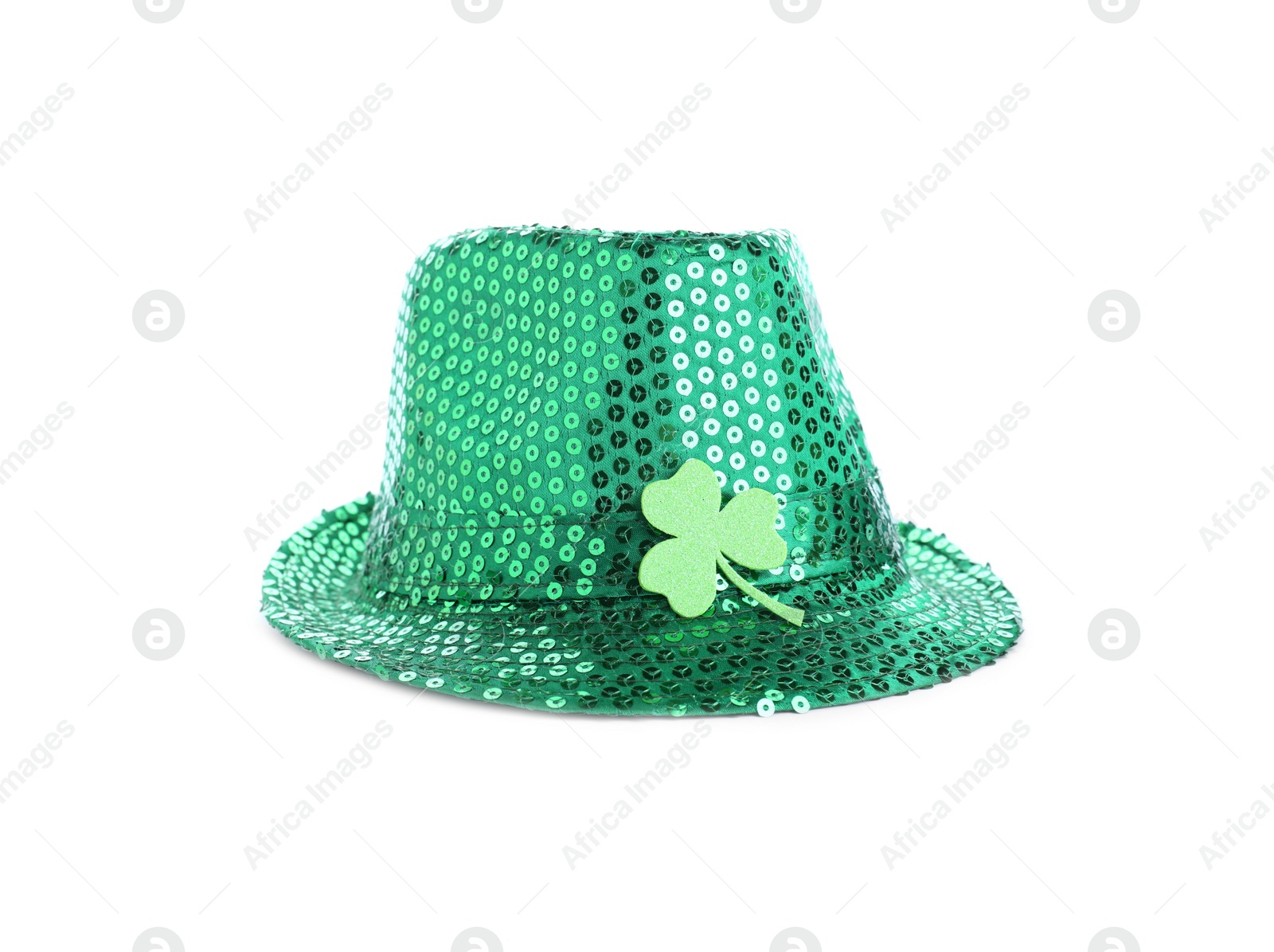 Photo of Green leprechaun hat with clover leaf isolated on white. St. Patrick's Day celebration