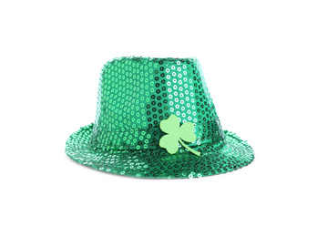 Green leprechaun hat with clover leaf isolated on white. St. Patrick's Day celebration