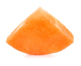 Slice of ripe carrot on white background