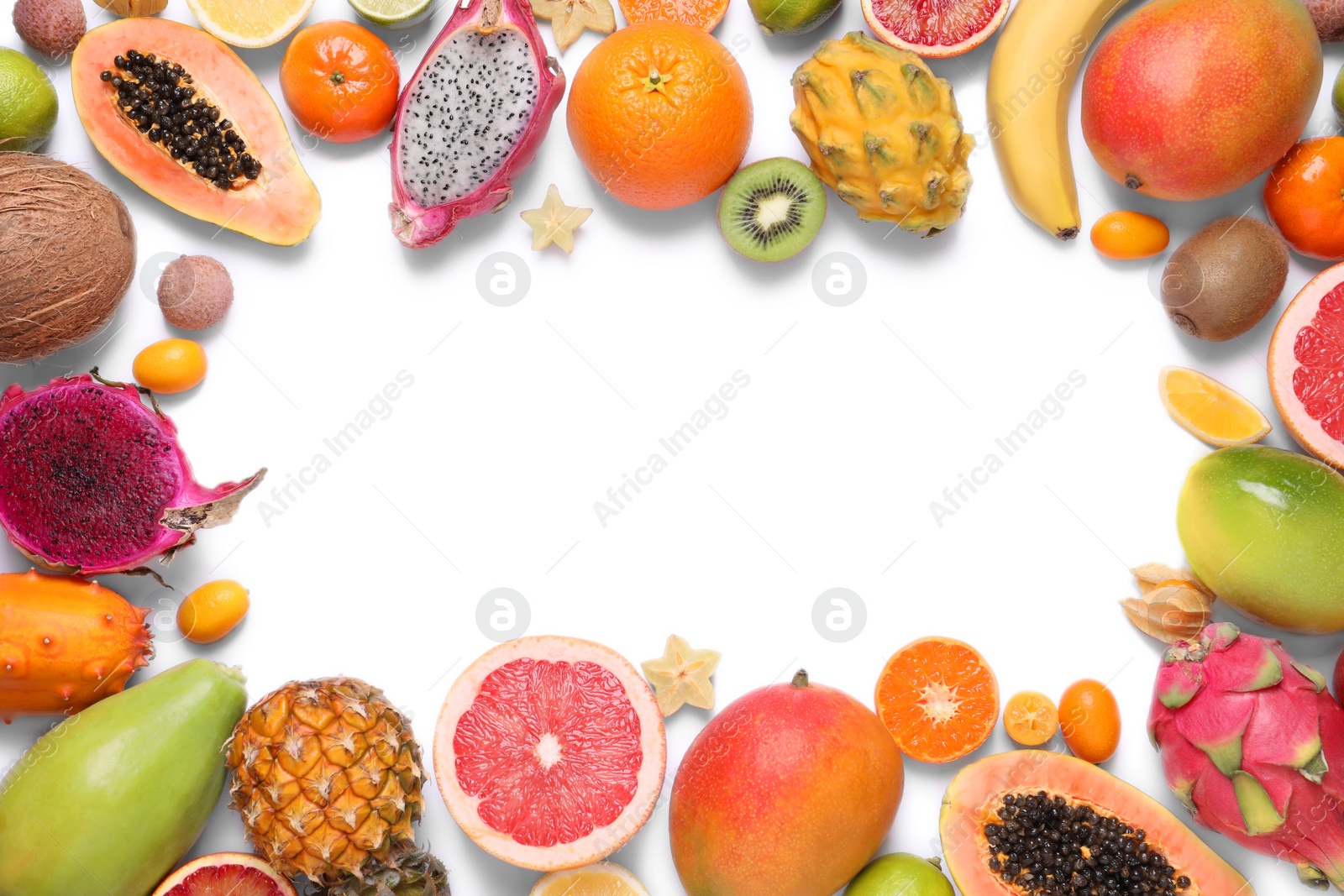 Photo of Frame of different exotic fruits on white background, flat lay. Space for text