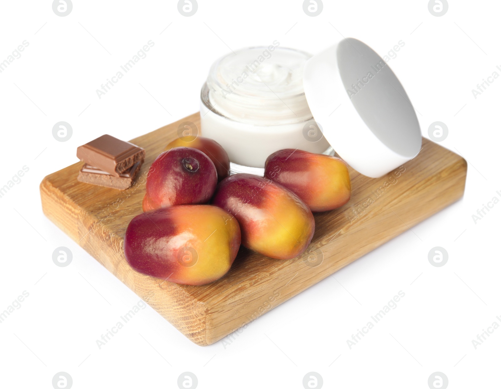 Image of Fresh ripe palm oil fruits, chocolate and cosmetic product on white background