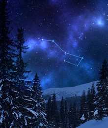 Image of Great Bear (Ursa Major) constellation in starry sky over conifer forest and mountain at night