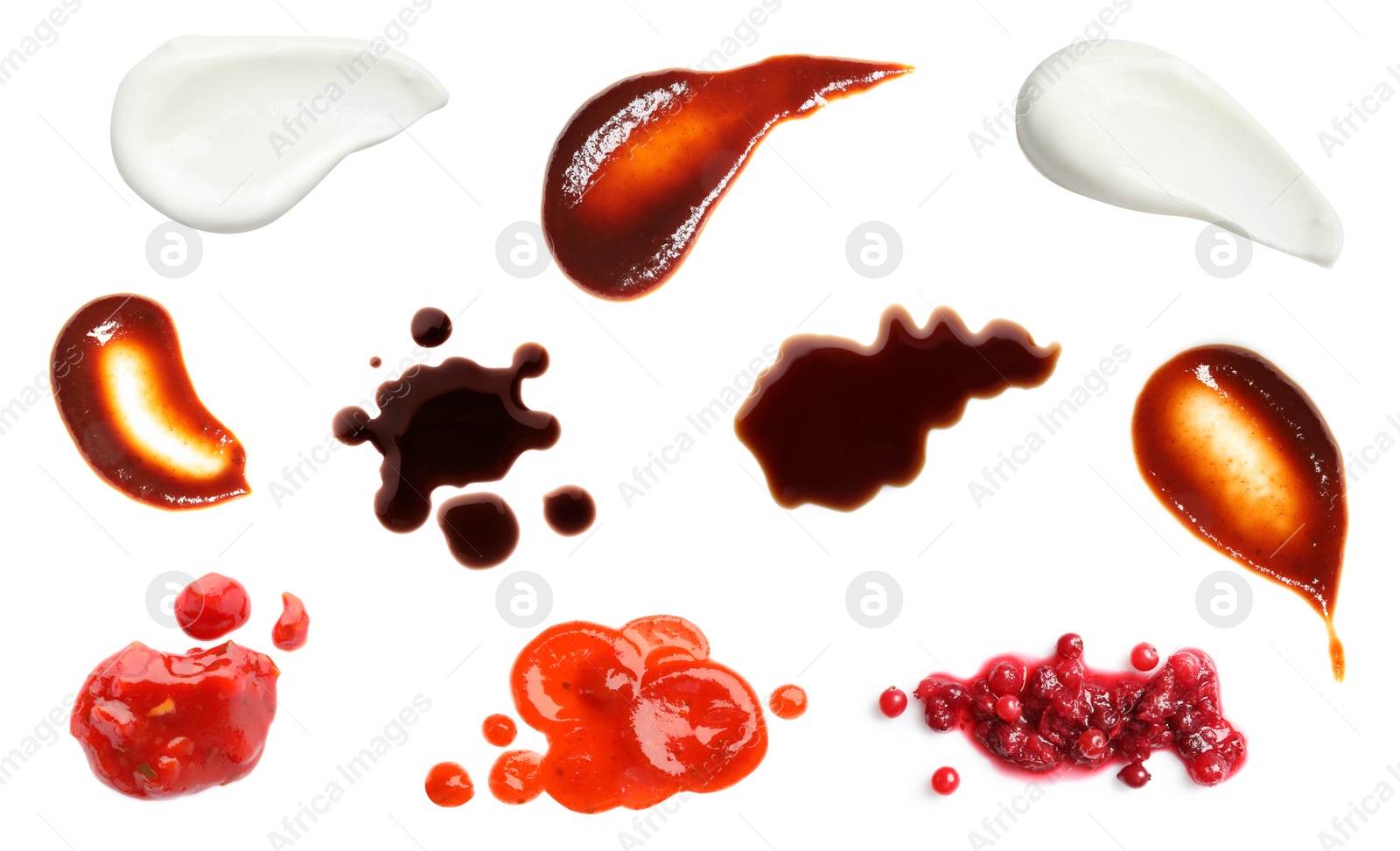 Image of Set with samples of different sauces on white background