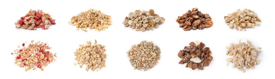 Image of Set with different delicious granola on white background. Banner design