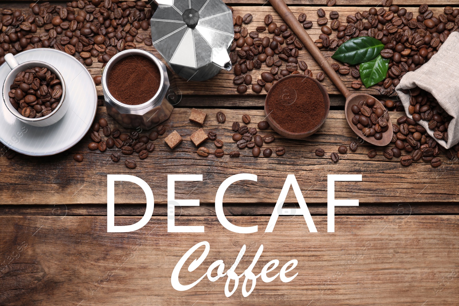 Image of Flat lay composition with decaf coffee beans on wooden table