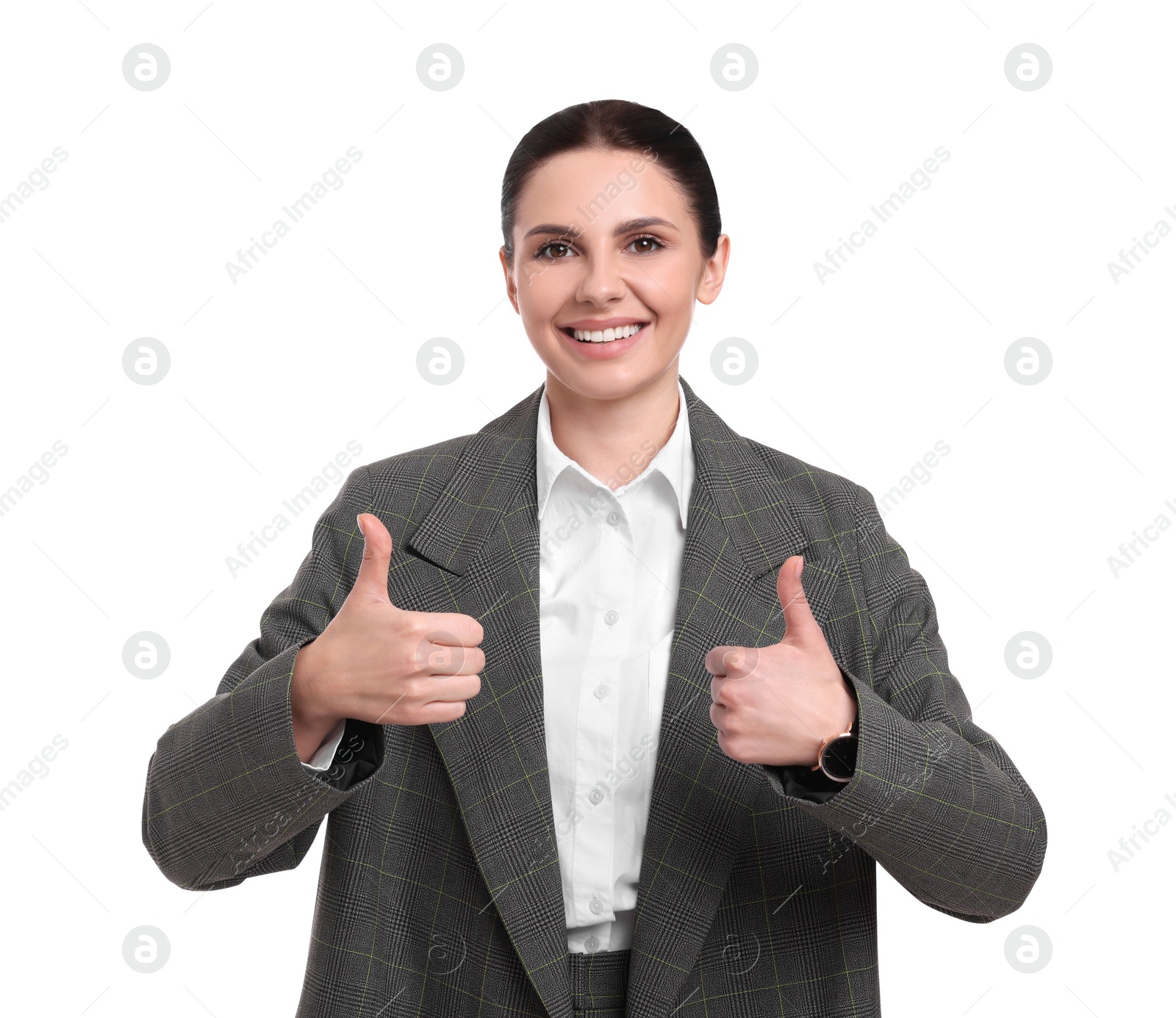 Photo of Beautiful happy businesswoman in suit showing thumbs up on white background