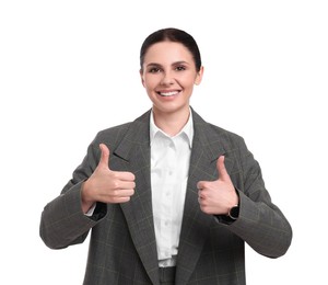 Beautiful happy businesswoman in suit showing thumbs up on white background