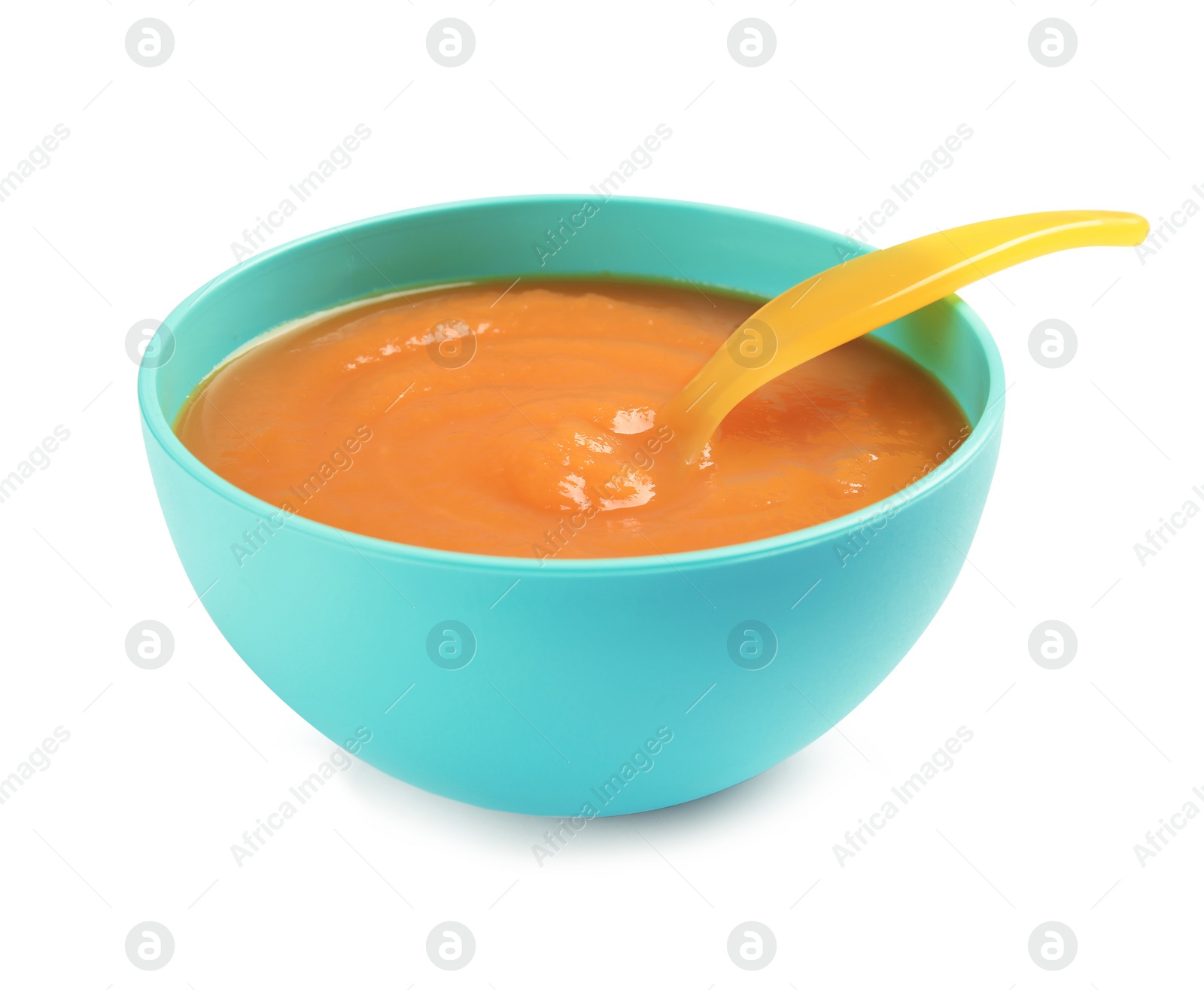 Photo of Bowl of healthy baby food on white background